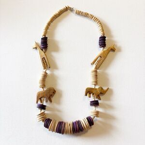 Tribal Safari Style Animals Wood Handcarved Necklace 24” Giraffe Elephant Lion